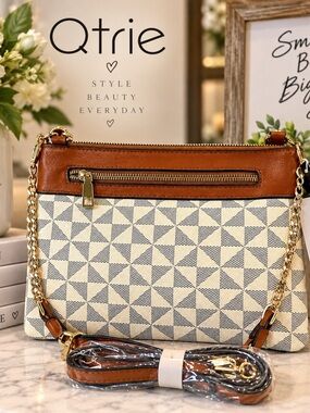 New With Tags Brown & Cream Geometric Crossbody Bag